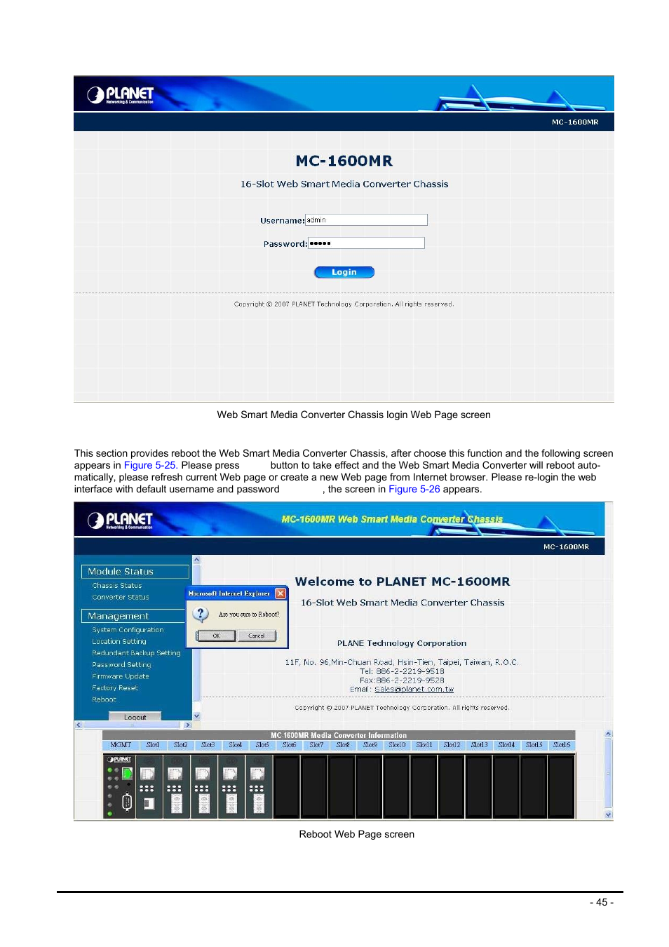 10 reboot system, Eboot, Ystem | PLANET MC-1600MR User Manual | Page 45 / 51