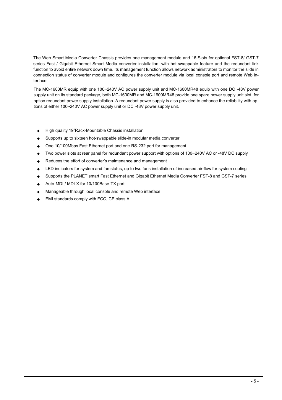 3 about the web smart media converter chassis, 4 features, Bout the | Mart, Edia, Onverter, Hassis, Eatures | PLANET MC-1600MR User Manual | Page 5 / 51