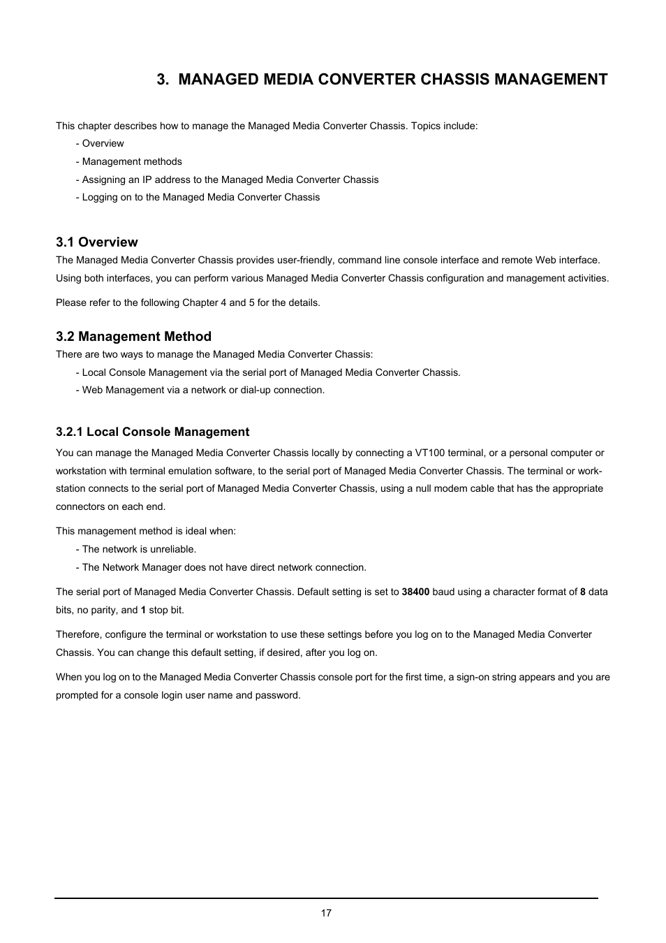 Managed media converter chassis management, 1 overview, 2 management method | 1 local console management, Verview, Anagement, Ethod | PLANET MC-1610MR User Manual | Page 17 / 68