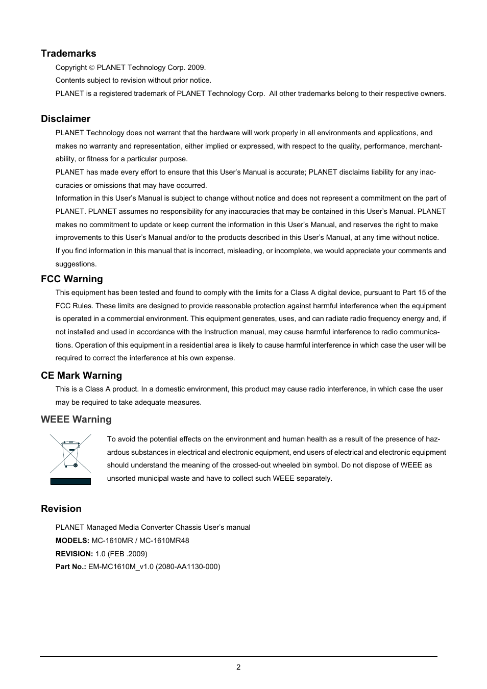 Trademarks, Disclaimer, Fcc warning | Ce mark warning, Weee warning, Revision | PLANET MC-1610MR User Manual | Page 2 / 68