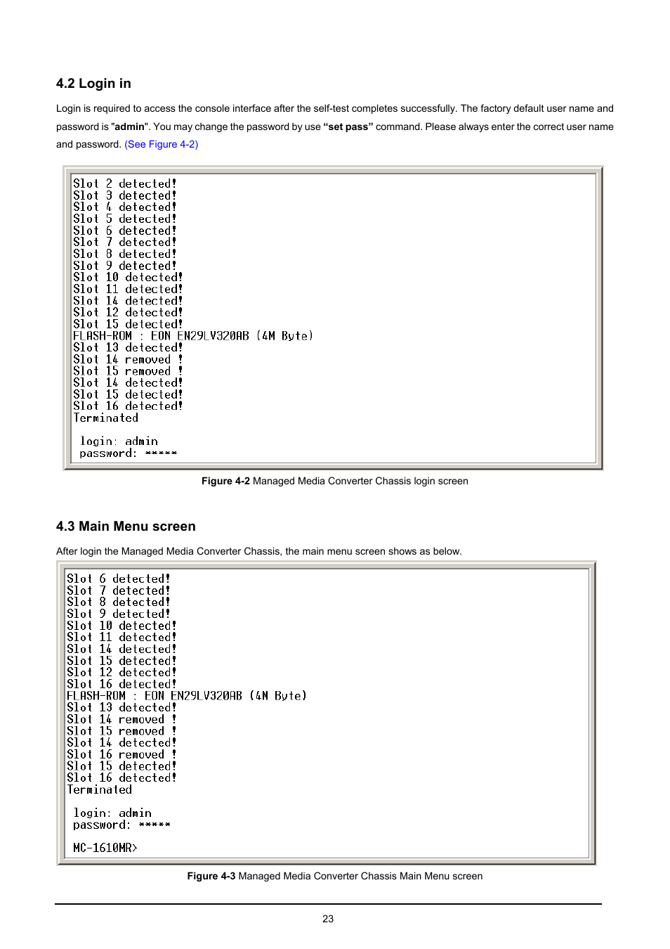 2 login in, 3 main menu screen, Ogin in | Enu screen | PLANET MC-1610MR User Manual | Page 23 / 68