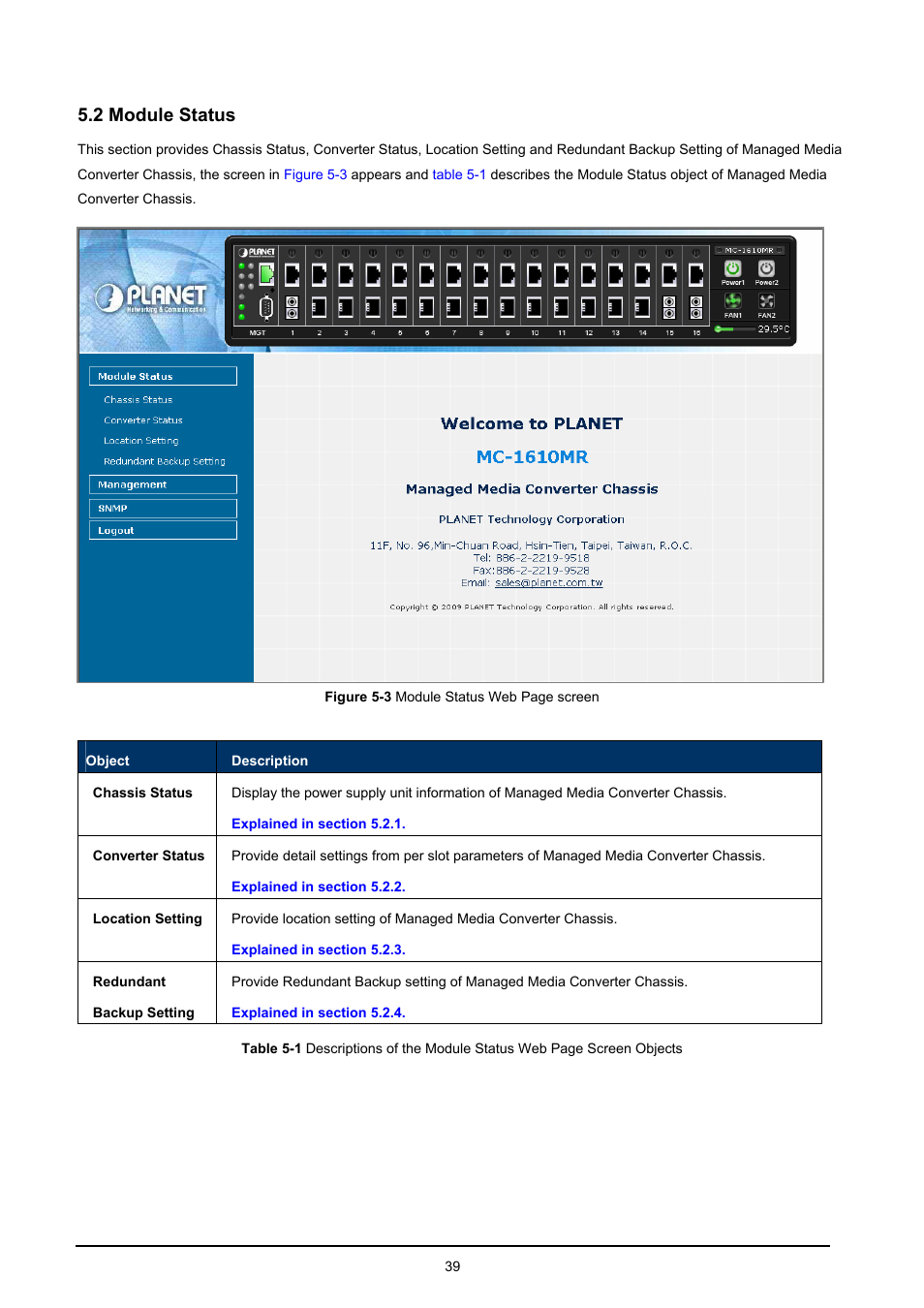 2 module status, Odule, Tatus | PLANET MC-1610MR User Manual | Page 39 / 68