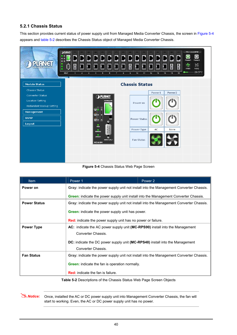 1 chassis status | PLANET MC-1610MR User Manual | Page 40 / 68