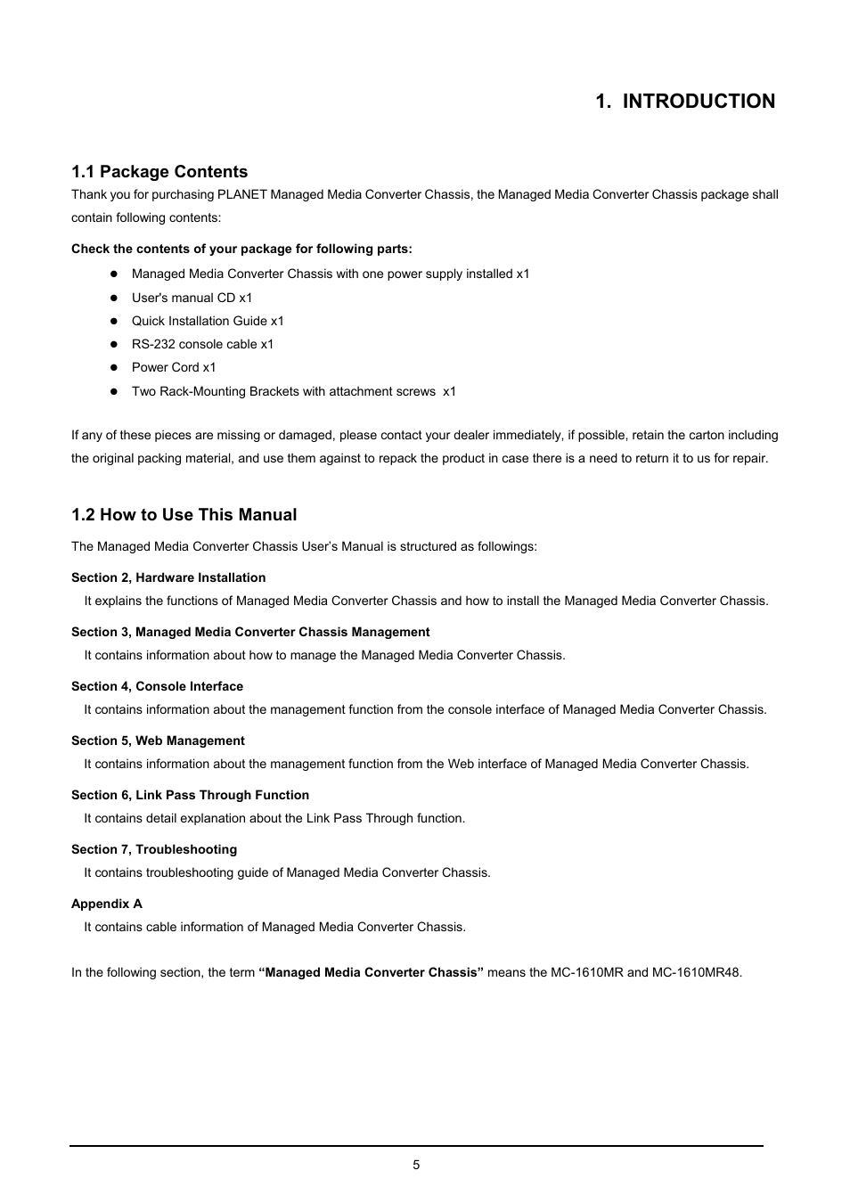 Introduction, 1 package contents, 2 how to use this manual | Ackage, Ontents, Ow to, Anual | PLANET MC-1610MR User Manual | Page 5 / 68