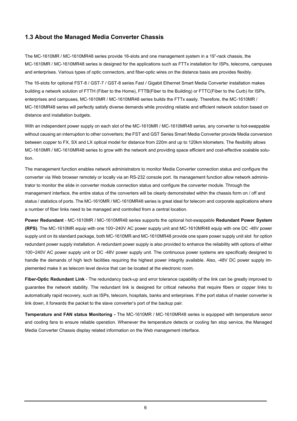 3 about the managed media converter chassis, Bout the, Anaged | Edia, Onverter, Hassis | PLANET MC-1610MR User Manual | Page 6 / 68