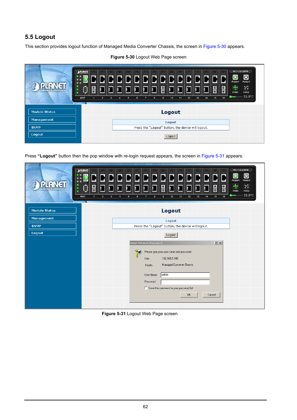 5 logout, Ogout | PLANET MC-1610MR User Manual | Page 62 / 68