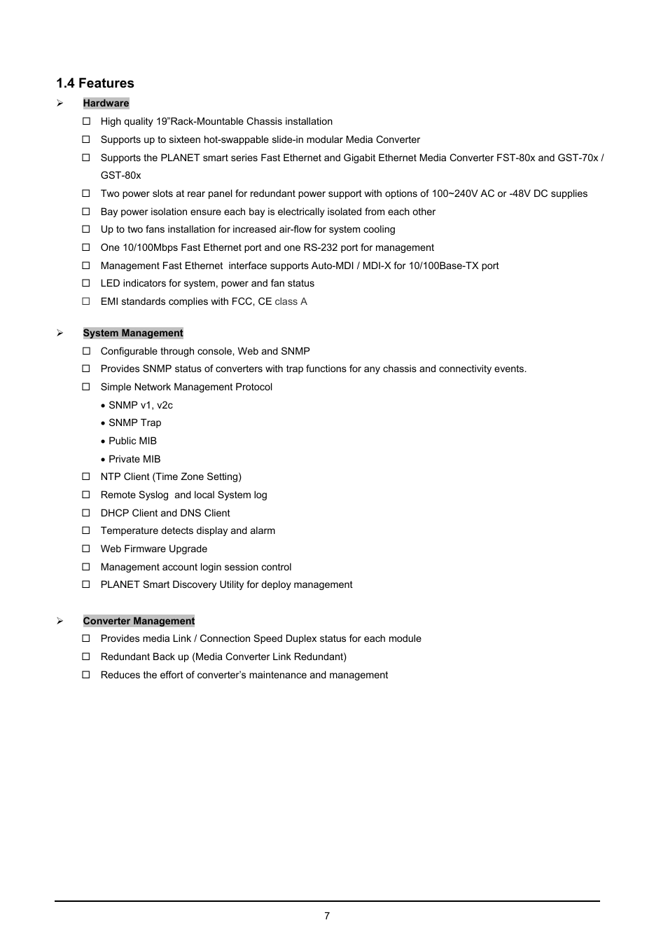 4 features, Eatures | PLANET MC-1610MR User Manual | Page 7 / 68