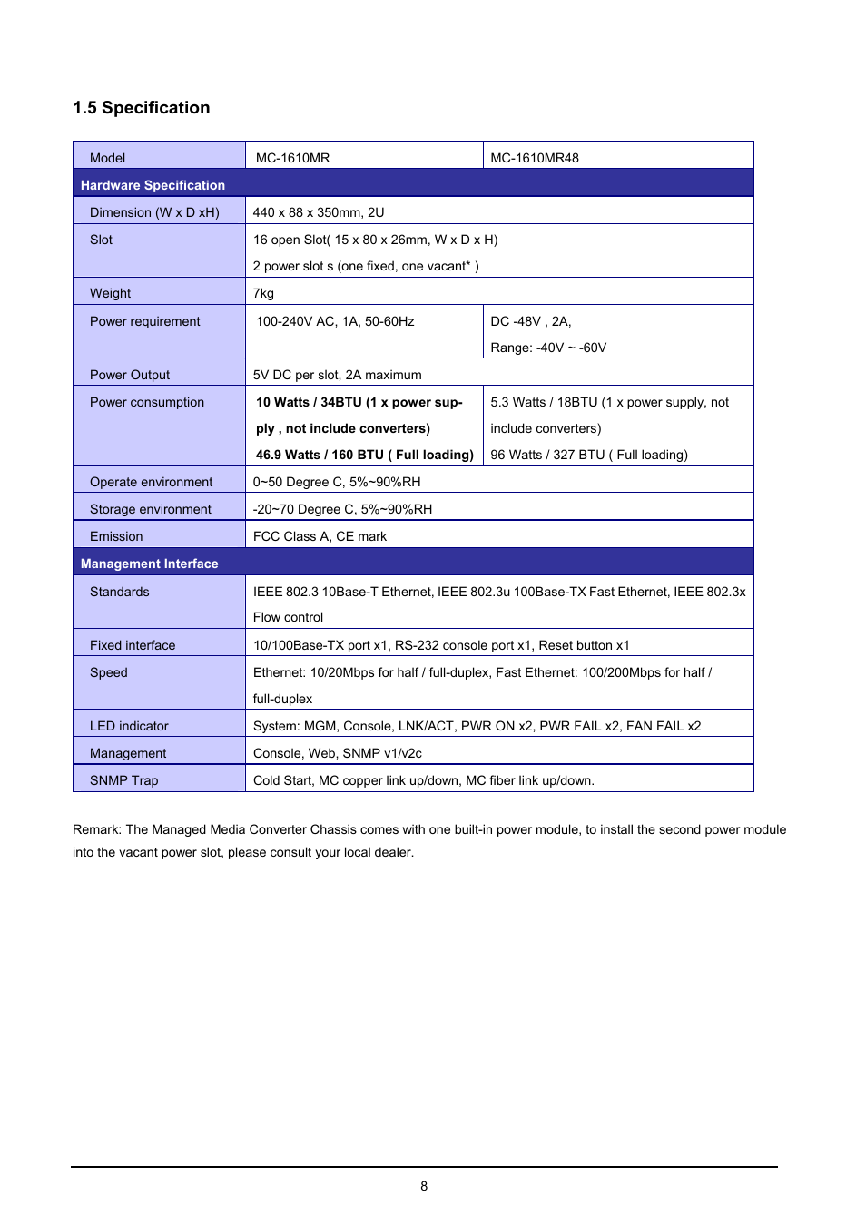 5 specification, Pecification | PLANET MC-1610MR User Manual | Page 8 / 68