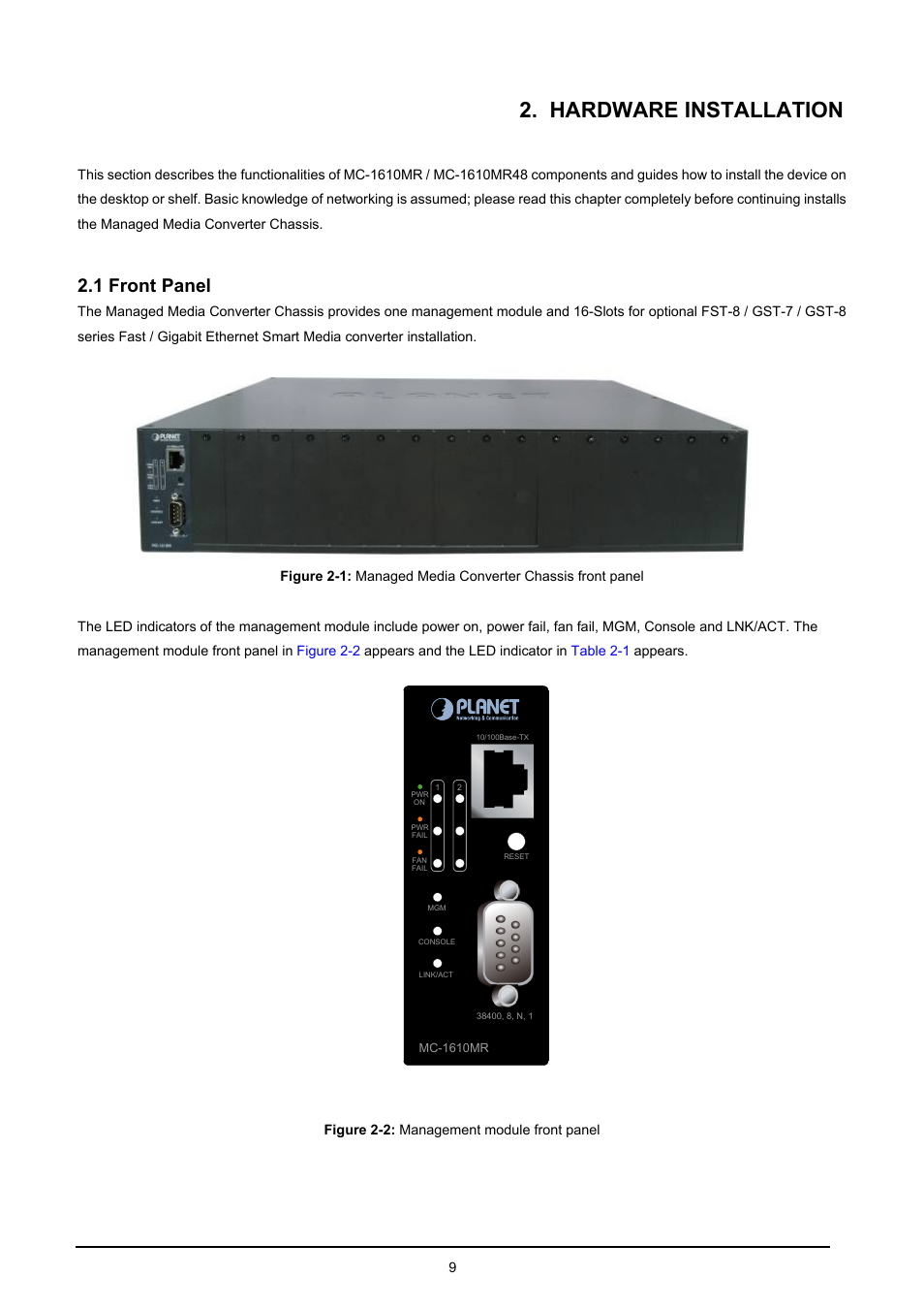 Hardware installation, 1 front panel, Ront | Anel | PLANET MC-1610MR User Manual | Page 9 / 68
