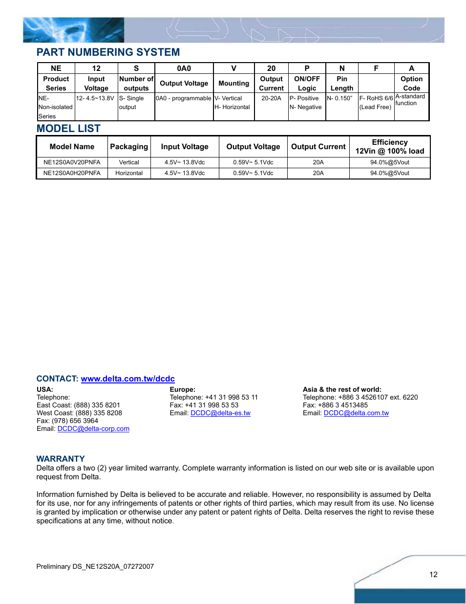 Mounting, Warranty, Part numbering system model list | Delta Electronics 4.5V~13.8Vin User Manual | Page 12 / 12