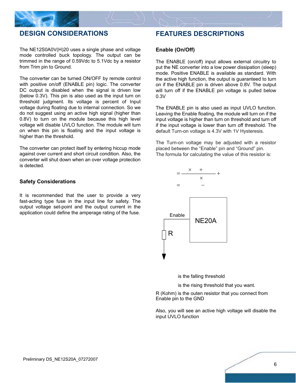 Design considerations, Features descriptions, Ne20a r | Delta Electronics 4.5V~13.8Vin User Manual | Page 6 / 12