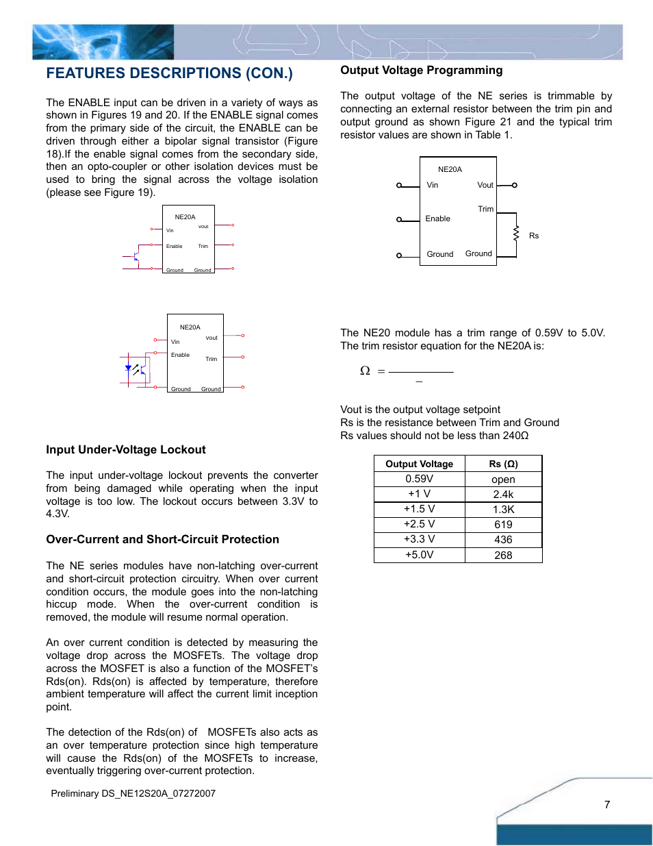 Features descriptions (con.), Output voltage programming, Input under-voltage lockout | Over-current and short-circuit protection | Delta Electronics 4.5V~13.8Vin User Manual | Page 7 / 12