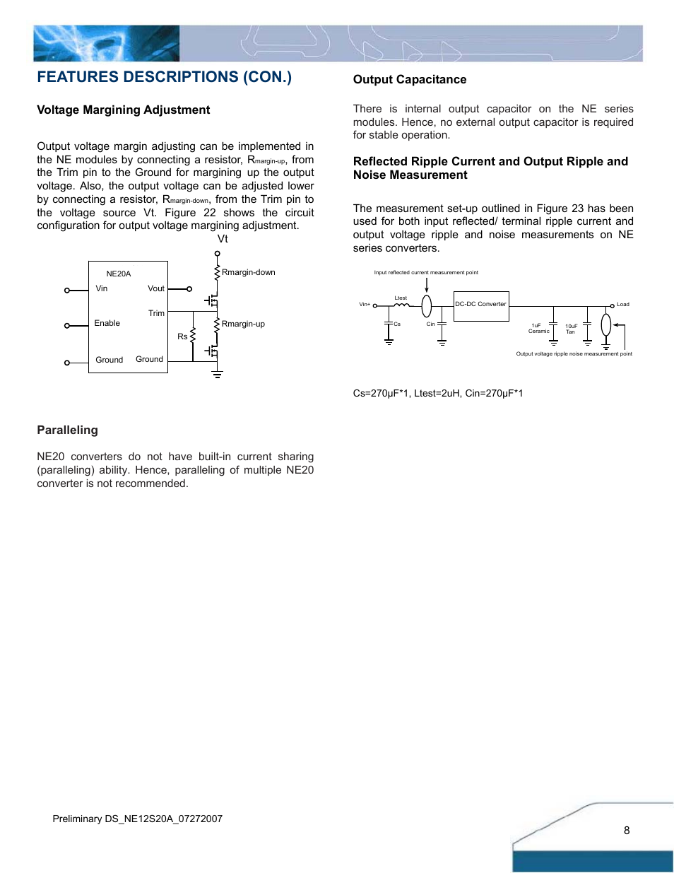 Features descriptions (con.), Paralleling, Voltage margining adjustment | Output capacitance | Delta Electronics 4.5V~13.8Vin User Manual | Page 8 / 12