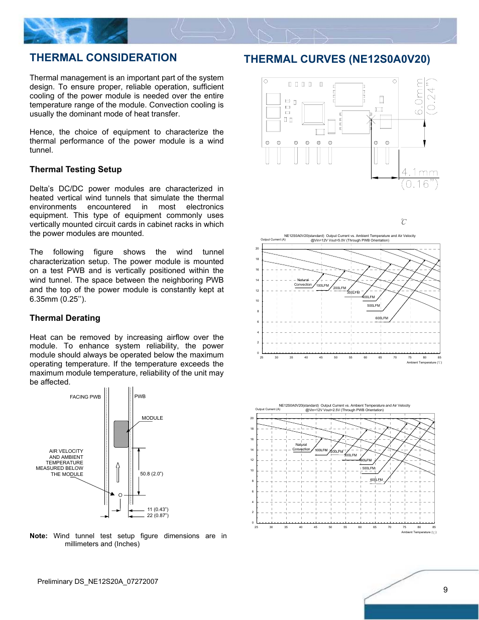 Thermal consideration, Thermal testing setup, Thermal derating | Figure 24: wind tunnel test setup | Delta Electronics 4.5V~13.8Vin User Manual | Page 9 / 12