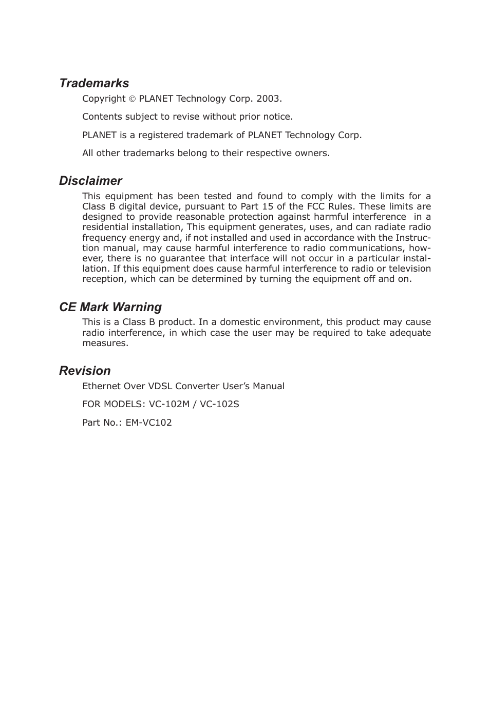 PLANET VC-102M User Manual | 18 pages