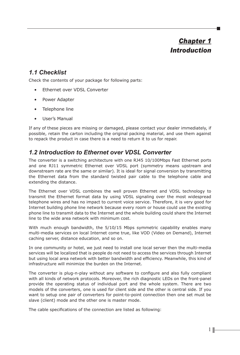 Chapter 1 introduction, 1 checklist, 2 introduction to ethernet over vdsl converter | PLANET VC-102M User Manual | Page 3 / 18