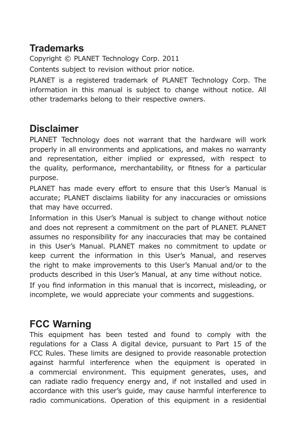 Trademarks, Disclaimer, Fcc warning | PLANET VC-201A User Manual | Page 2 / 32