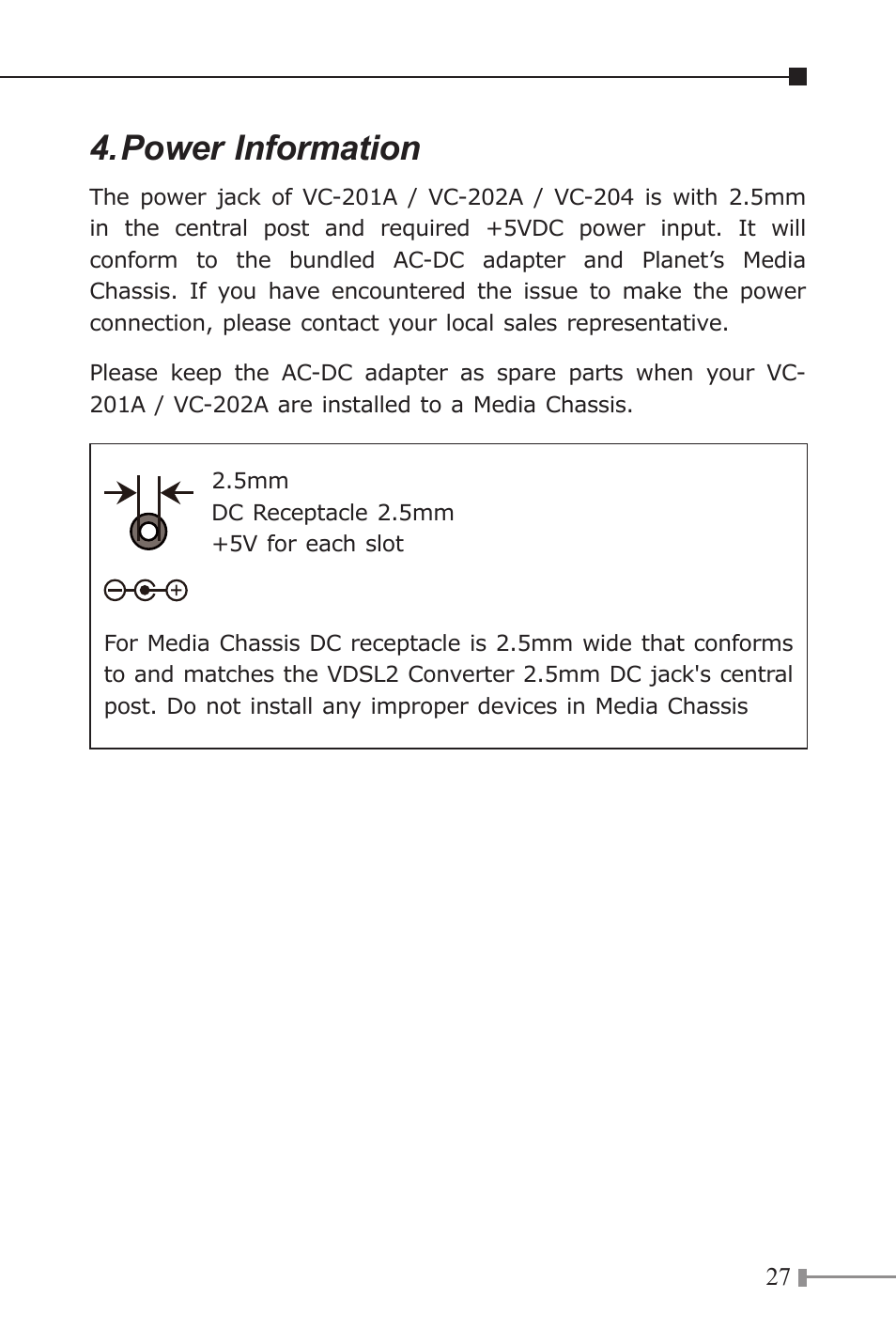 Power information | PLANET VC-201A User Manual | Page 27 / 32