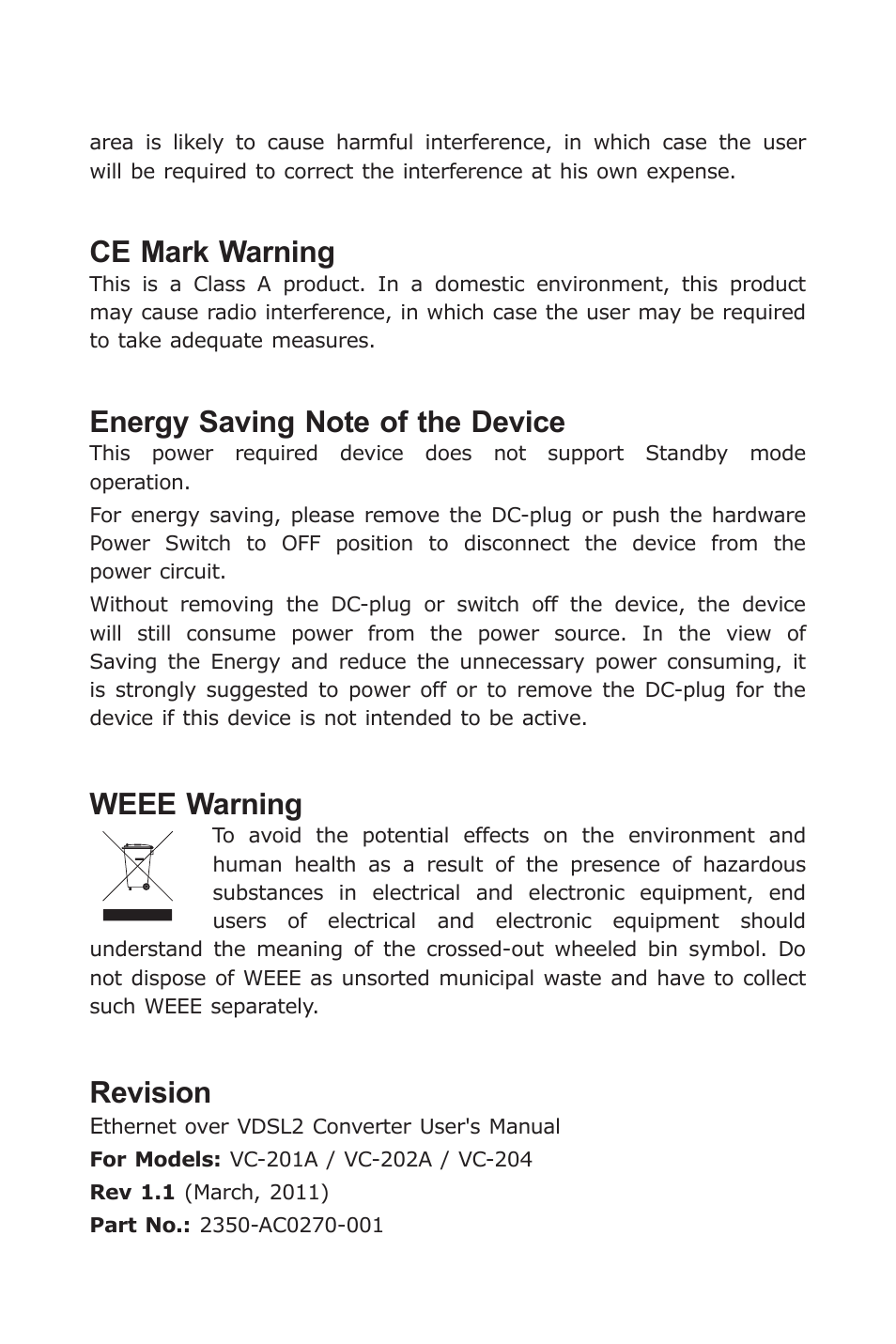 Ce mark warning, Weee warning, Revision | PLANET VC-201A User Manual | Page 3 / 32