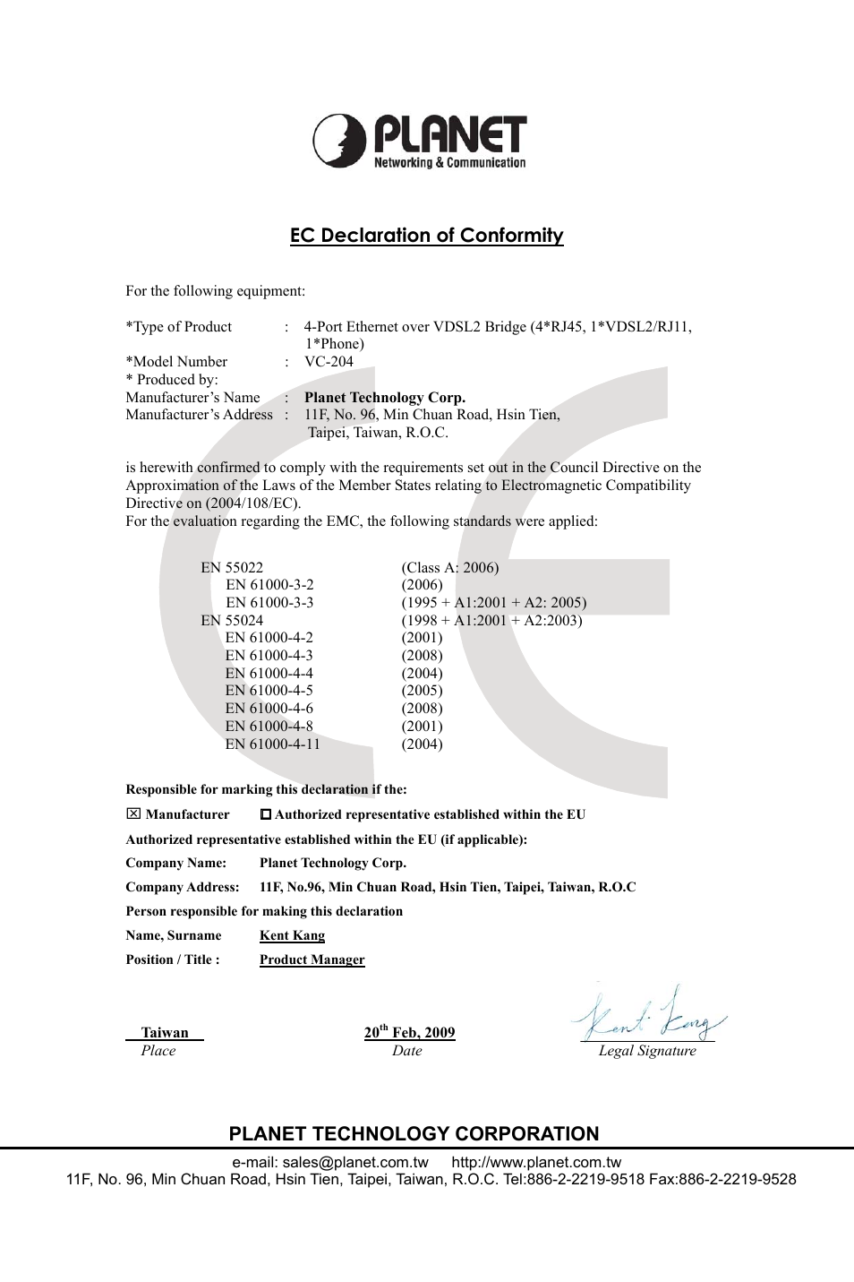 Ec declaration of conformity, Planet technology corporation | PLANET VC-201A User Manual | Page 32 / 32