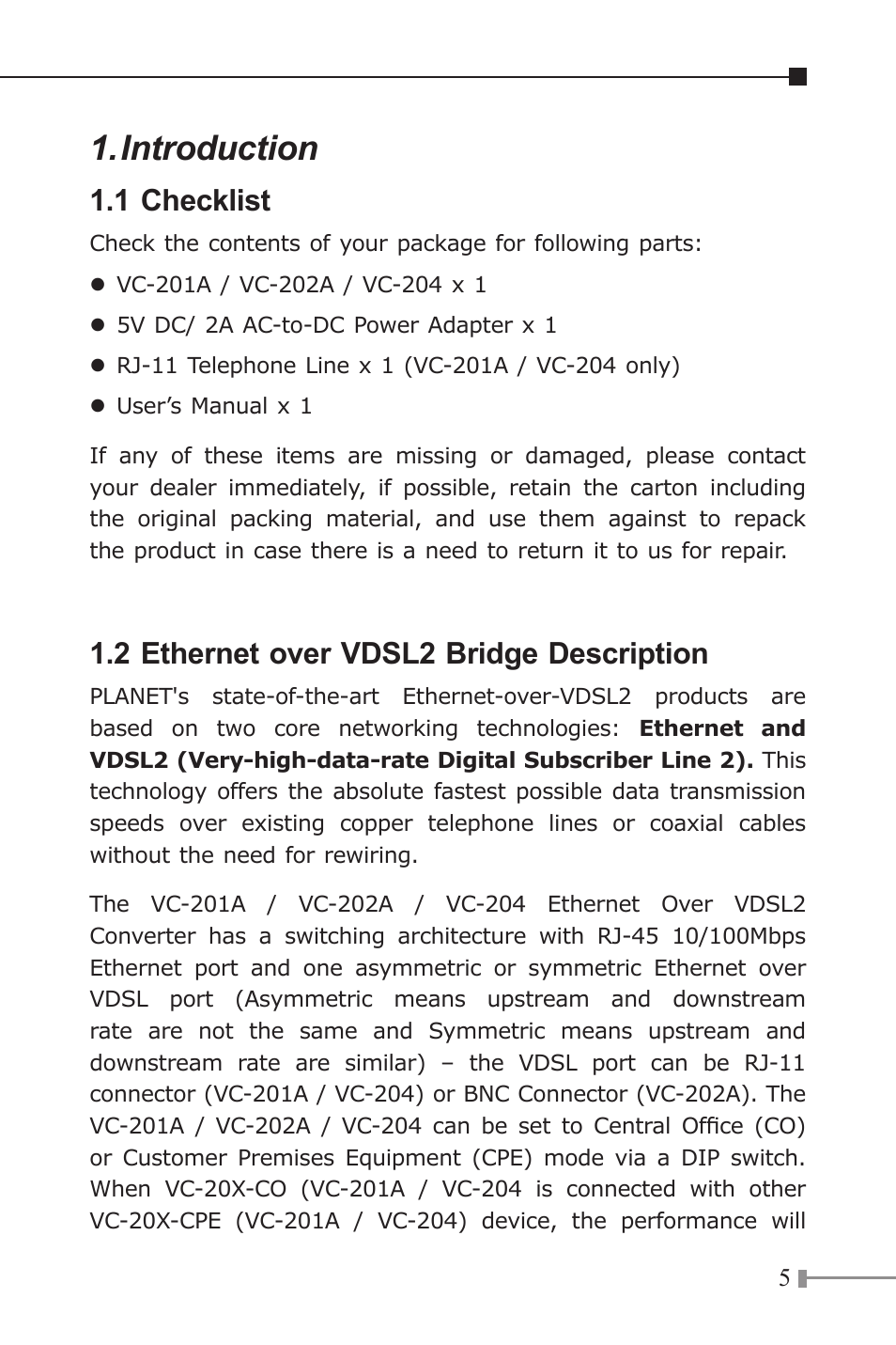 Introduction, 1 checklist, 2 ethernet over vdsl2 bridge description | PLANET VC-201A User Manual | Page 5 / 32