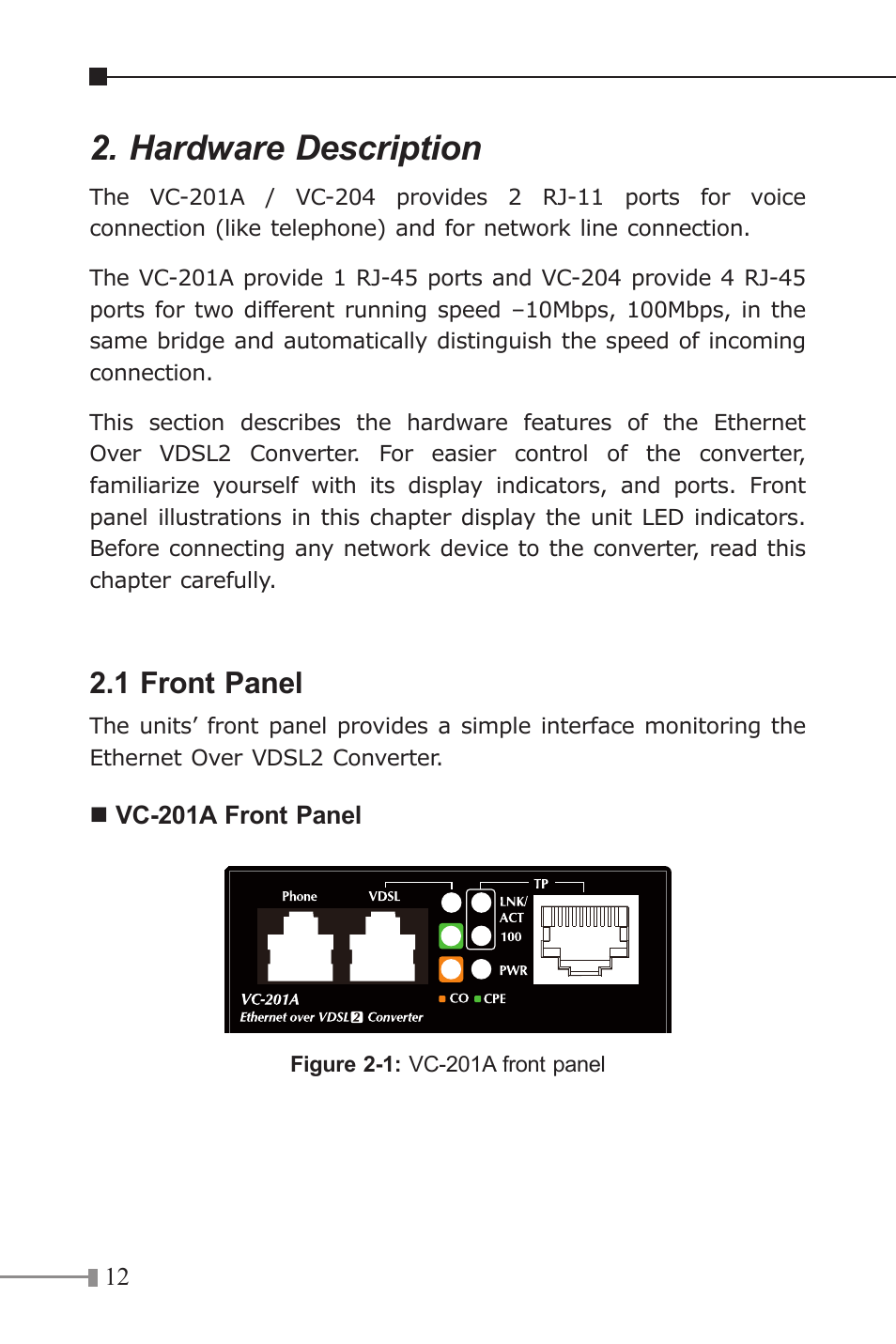 Hardware description, 1 front panel | PLANET VC-201A User Manual | Page 12 / 28