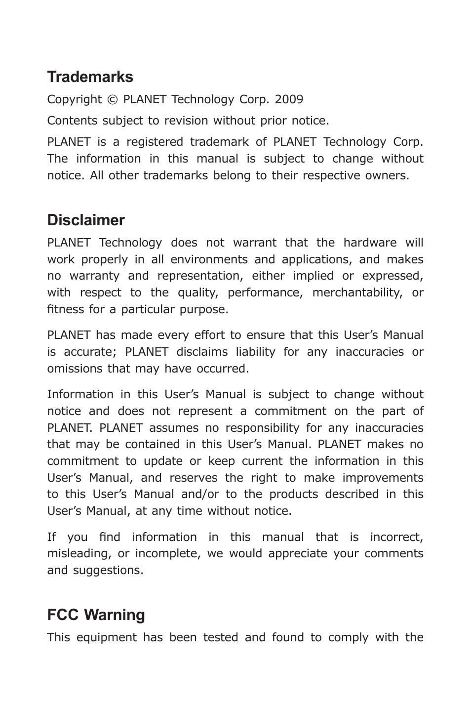 Trademarks, Disclaimer, Fcc warning | PLANET VC-201A User Manual | Page 2 / 28