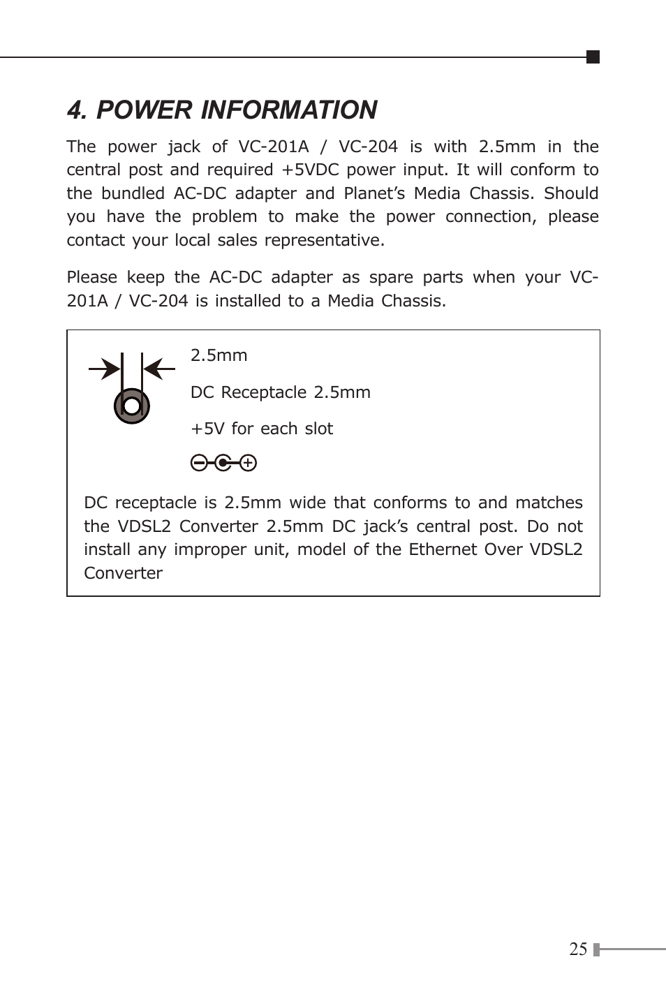 Power information | PLANET VC-201A User Manual | Page 25 / 28