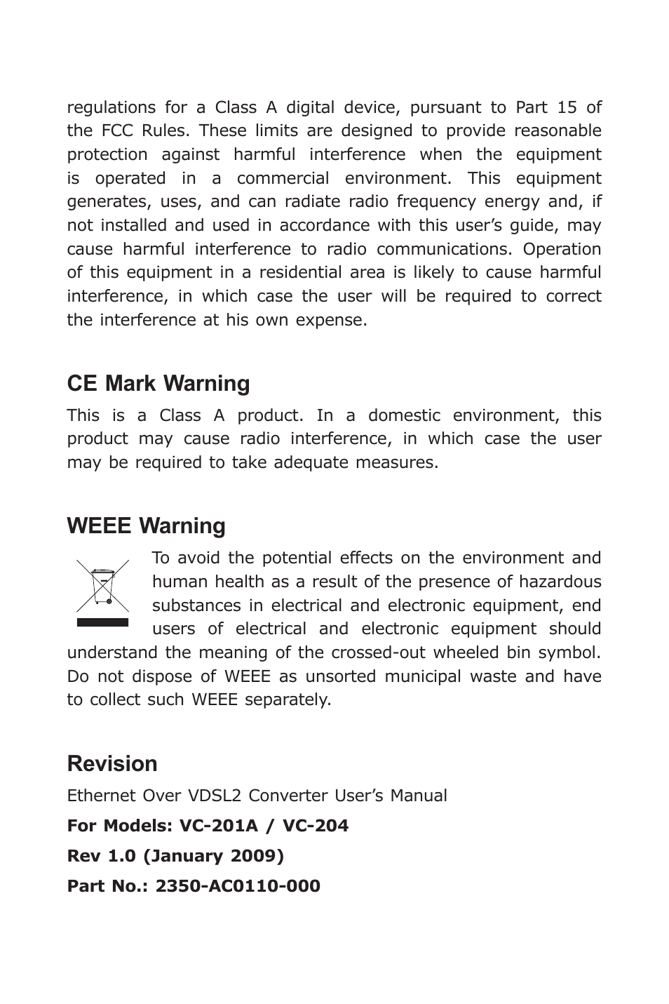Ce mark warning, Weee warning, Revision | PLANET VC-201A User Manual | Page 3 / 28