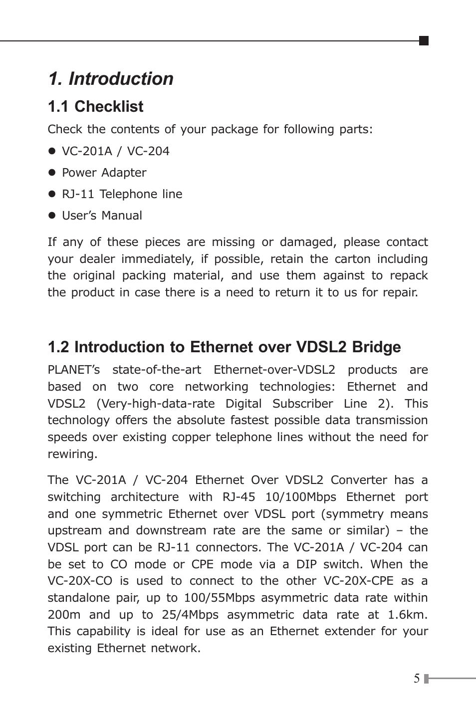 Introduction, 1 checklist, 2 introduction to ethernet over vdsl2 bridge | PLANET VC-201A User Manual | Page 5 / 28