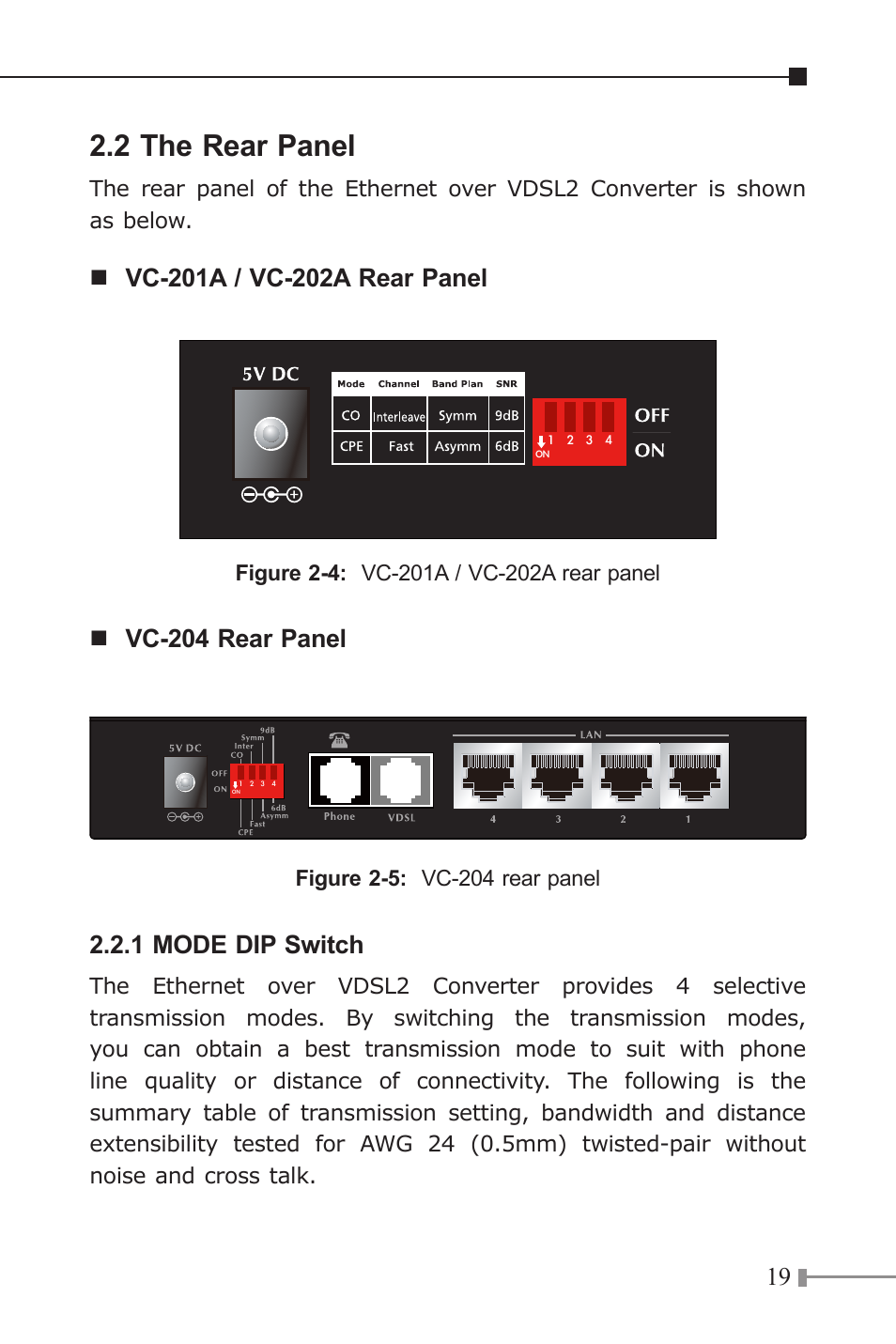 2 the rear panel, Vc-204 rear panel, 1 mode dip switch | PLANET VC-202A User Manual | Page 19 / 36