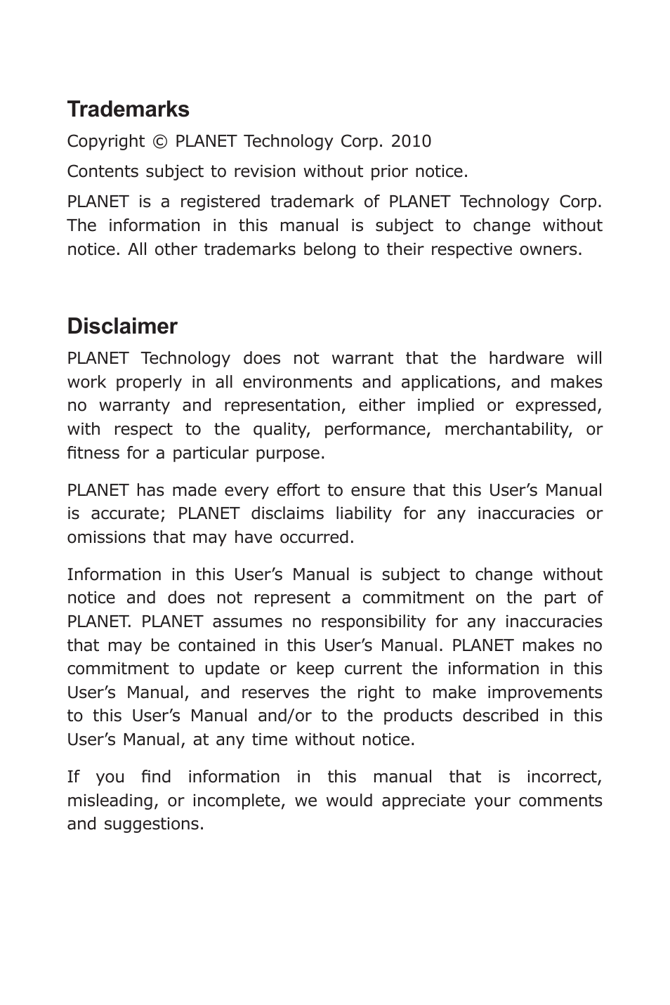 Trademarks, Disclaimer | PLANET VC-202A User Manual | Page 2 / 36