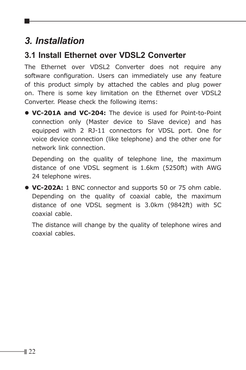 Installation, 1 install ethernet over vdsl2 converter | PLANET VC-202A User Manual | Page 22 / 36