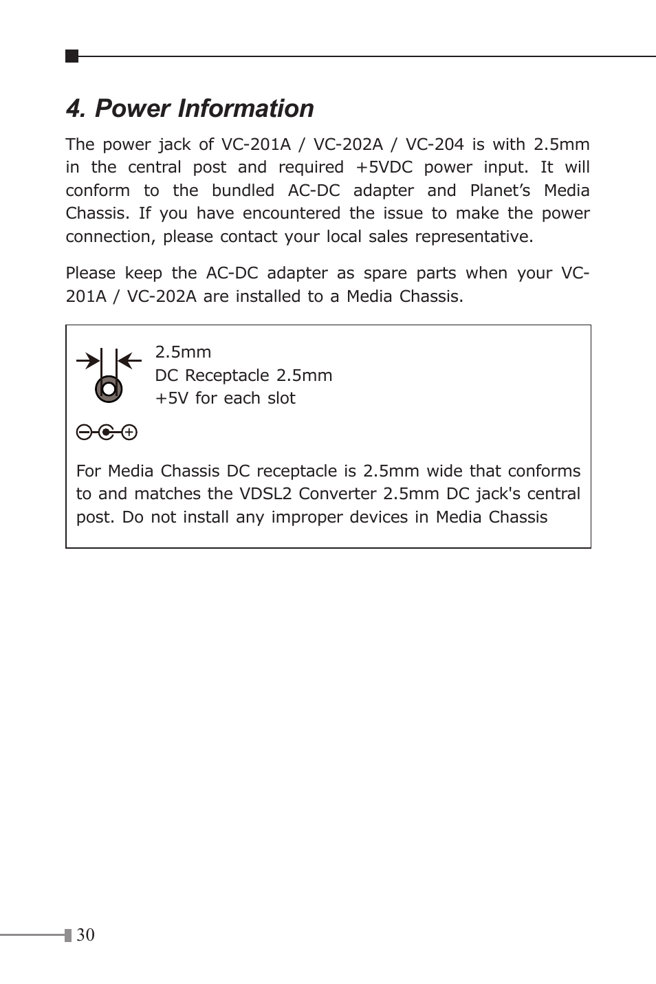 Power information | PLANET VC-202A User Manual | Page 30 / 36