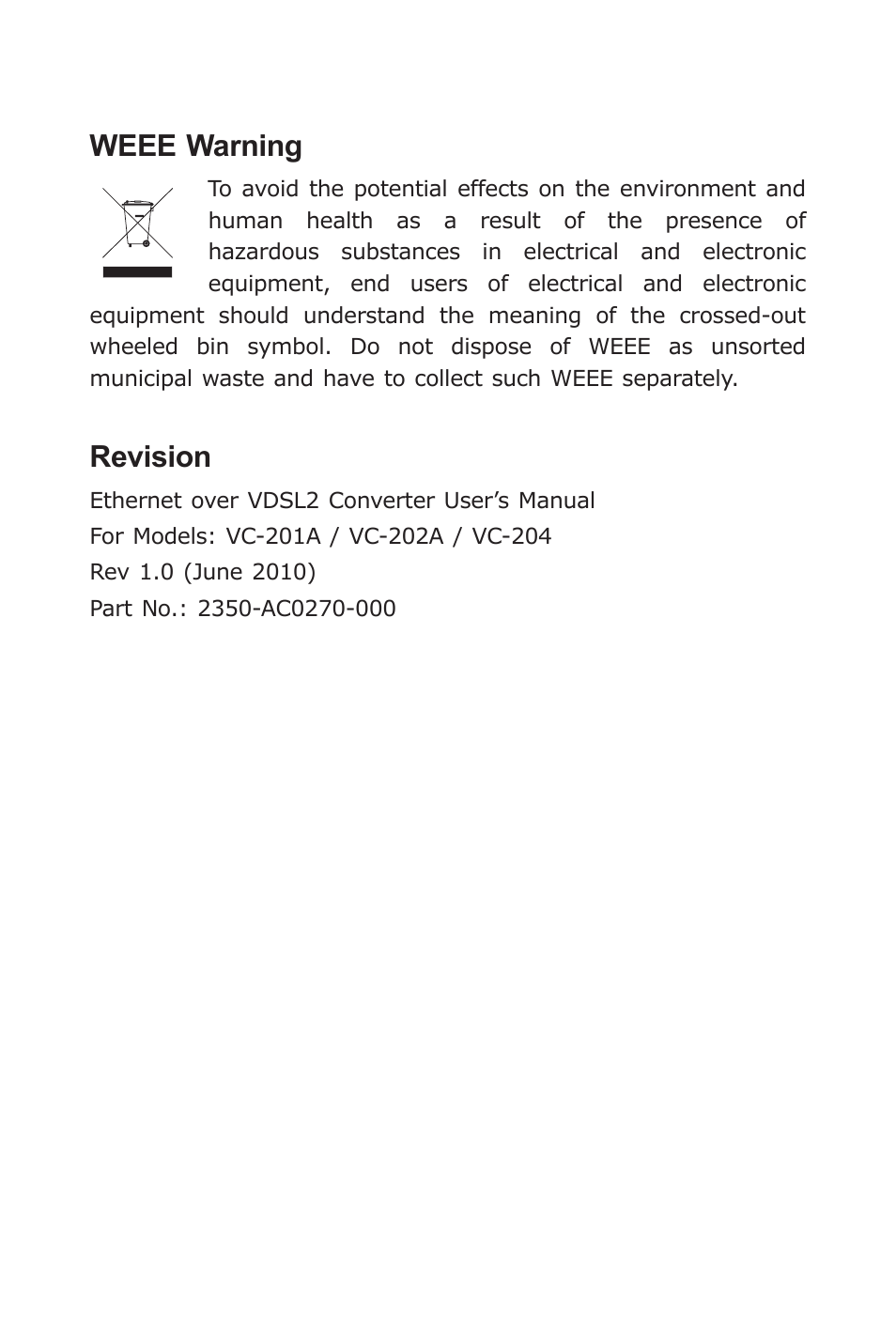 Weee warning, Revision | PLANET VC-202A User Manual | Page 4 / 36