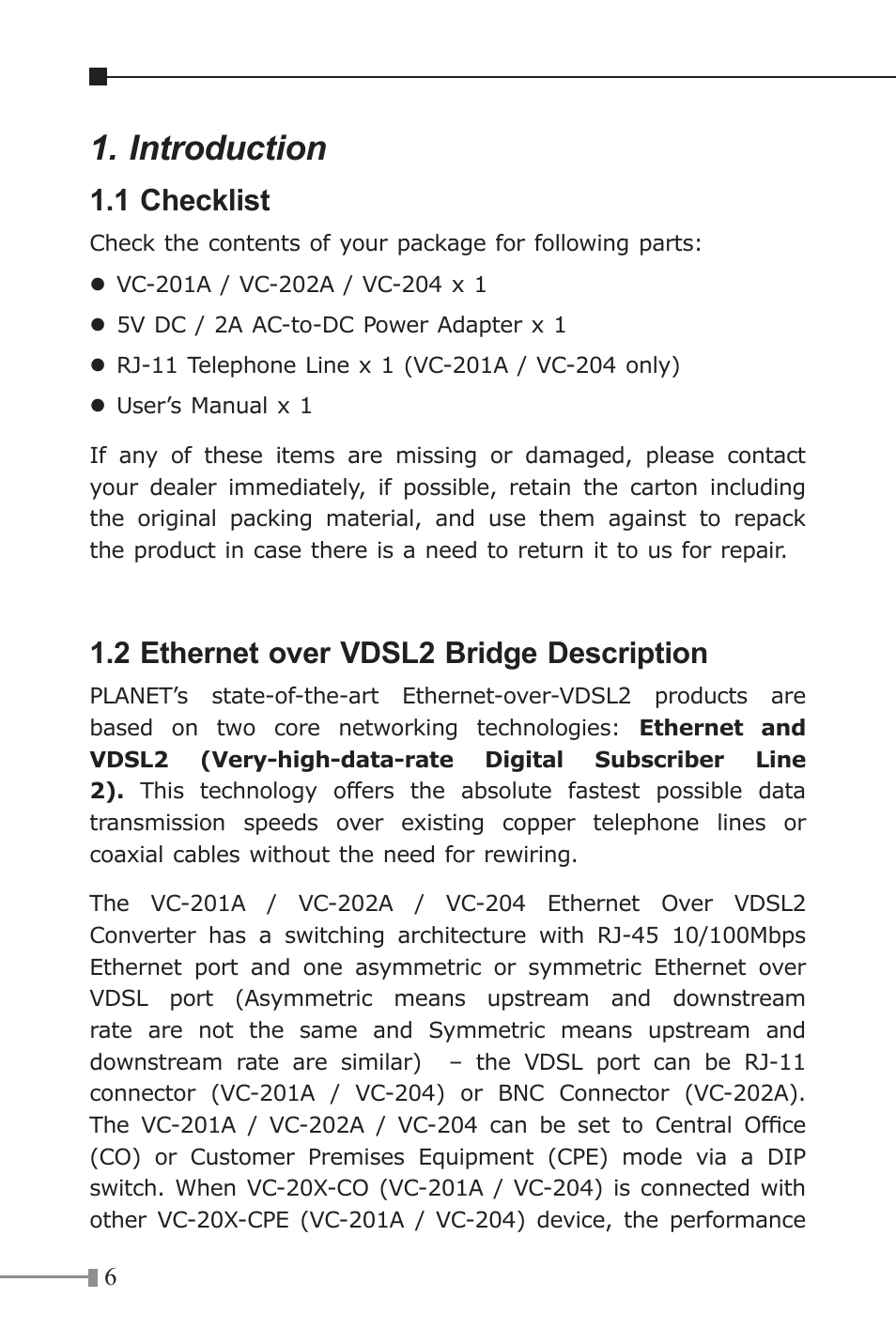 Introduction, 1 checklist, 2 ethernet over vdsl2 bridge description | PLANET VC-202A User Manual | Page 6 / 36