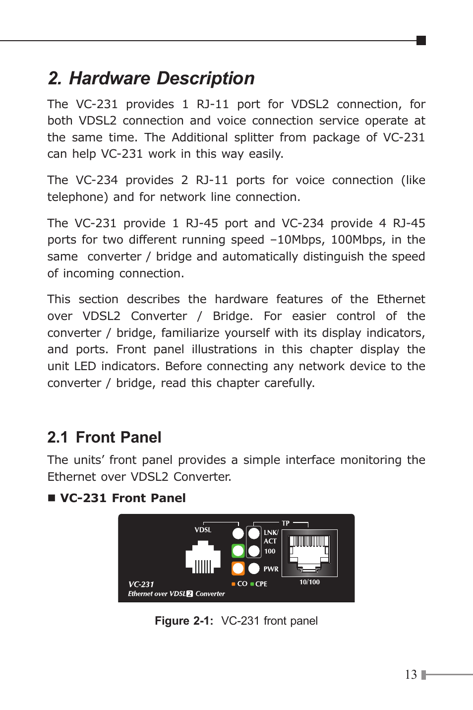 Hardware description, 1 front panel | PLANET VC-231 User Manual | Page 13 / 32