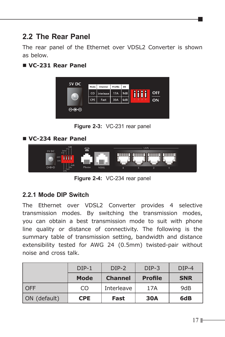 2 the rear panel, 1 mode dip switch | PLANET VC-231 User Manual | Page 17 / 32