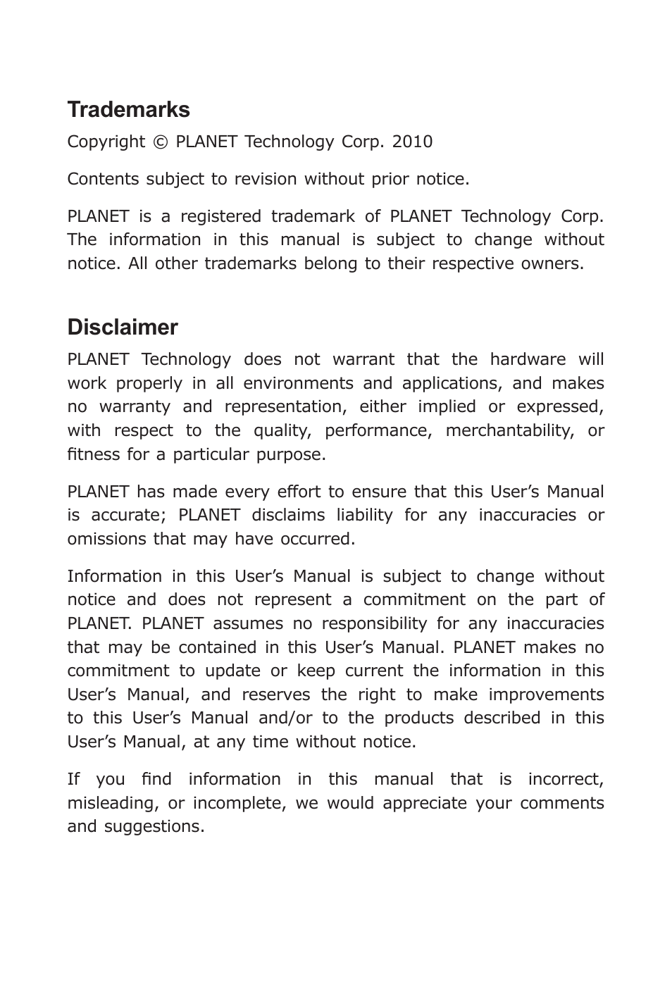 Trademarks, Disclaimer | PLANET VC-231 User Manual | Page 2 / 32