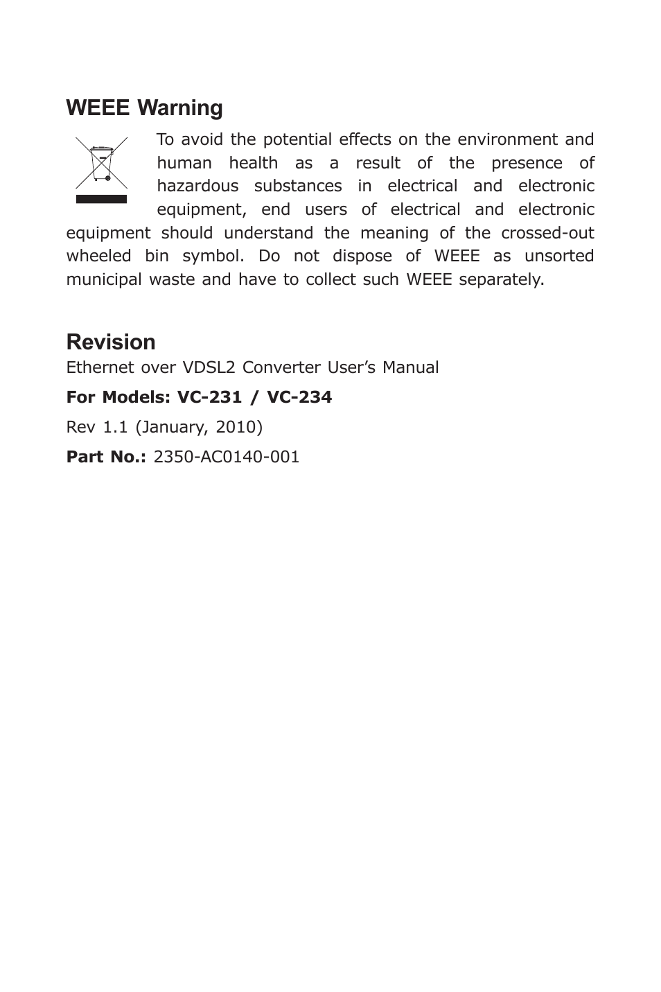 Weee warning, Revision | PLANET VC-231 User Manual | Page 4 / 32