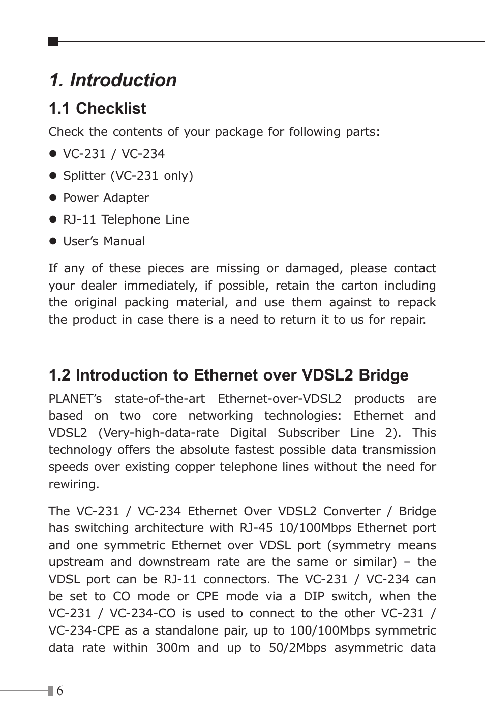 Introduction, 1 checklist, 2 introduction to ethernet over vdsl2 bridge | PLANET VC-231 User Manual | Page 6 / 32