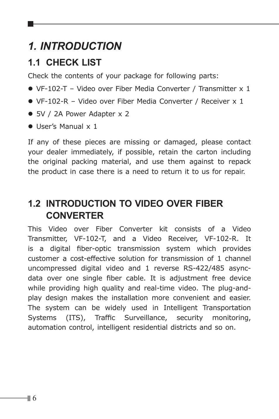 Introduction, 1 check list, 2 introduction to video over fiber converter | PLANET VF-102-KIT User Manual | Page 6 / 16