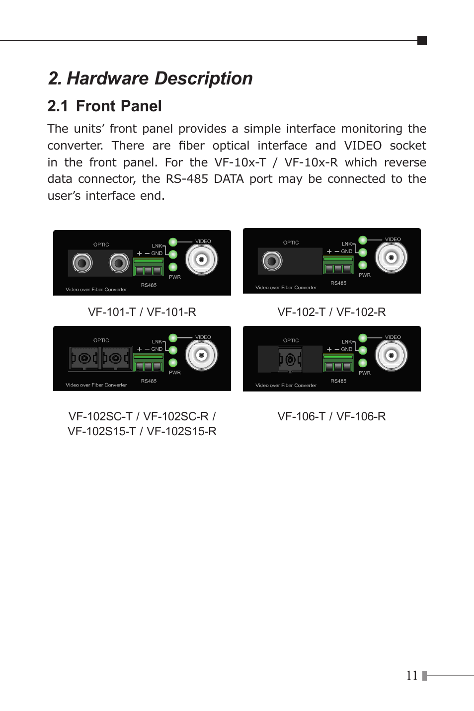 Hardware description, 1 front panel | PLANET VF-10x-KIT User Manual | Page 11 / 20