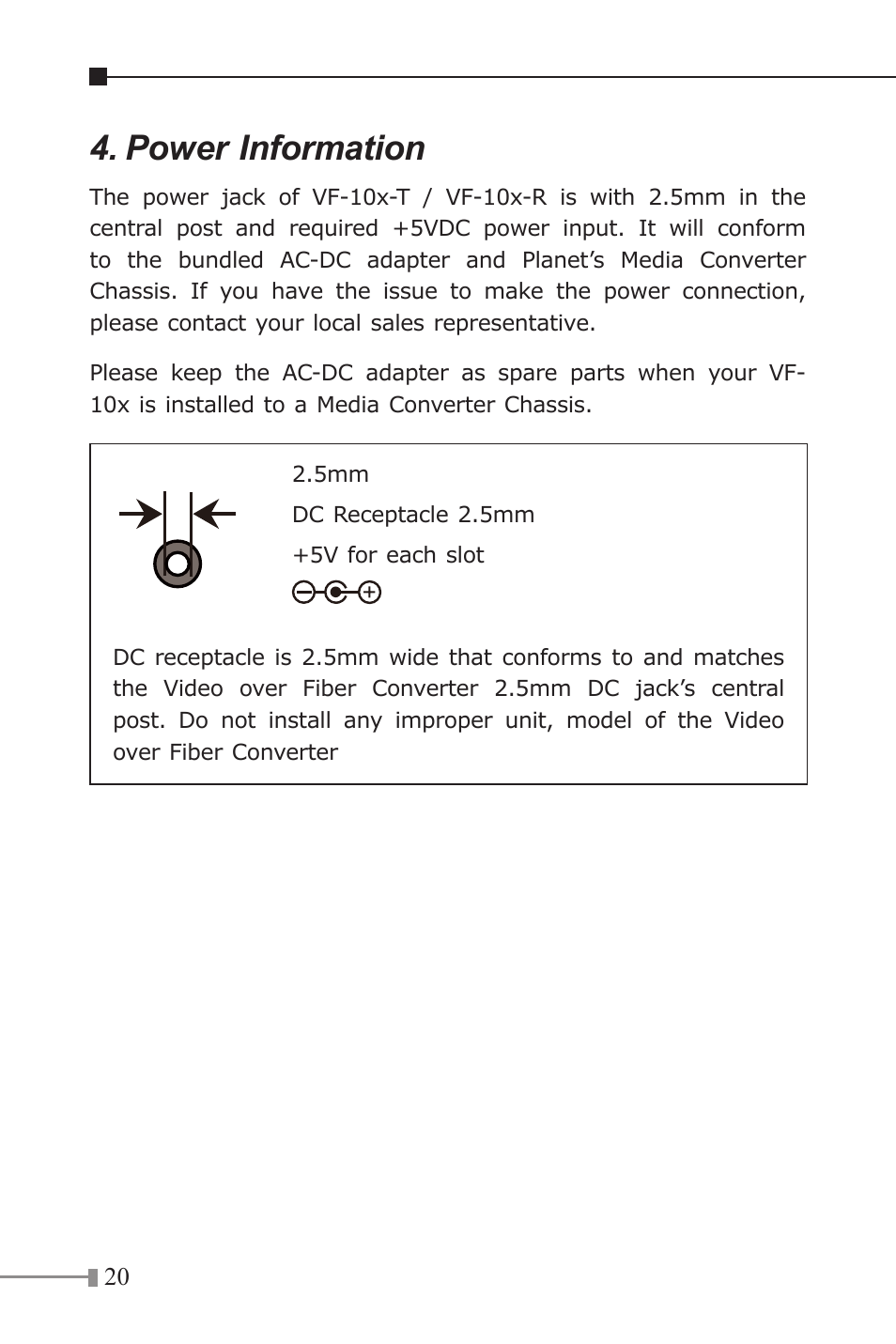 Power information | PLANET VF-10x-KIT User Manual | Page 20 / 20
