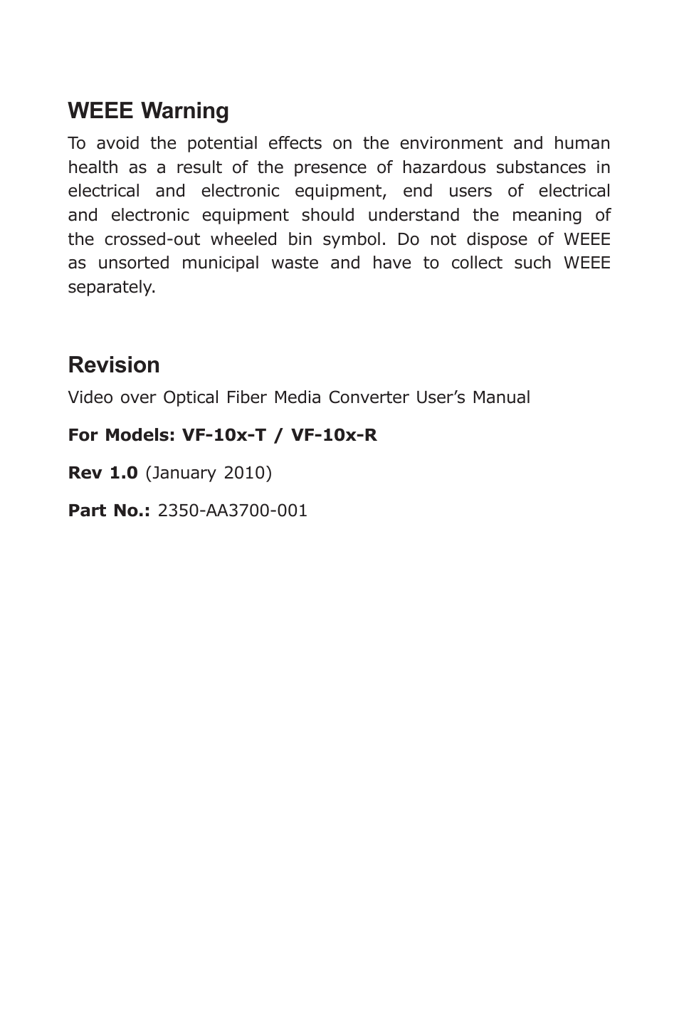 Weee warning, Revision | PLANET VF-10x-KIT User Manual | Page 4 / 20