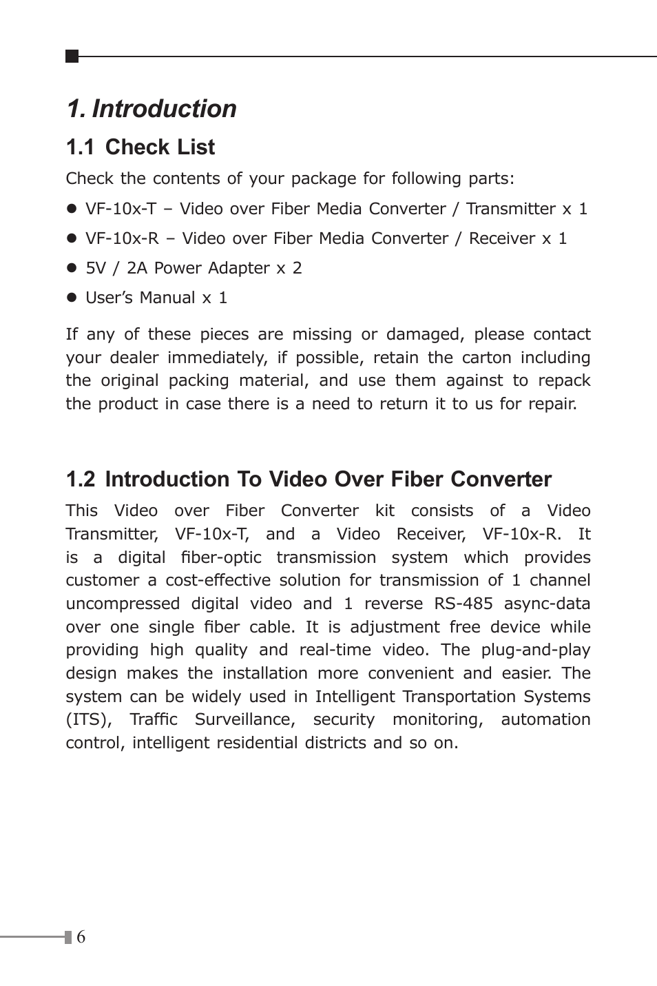 Introduction, 1 check list, 2 introduction to video over fiber converter | PLANET VF-10x-KIT User Manual | Page 6 / 20