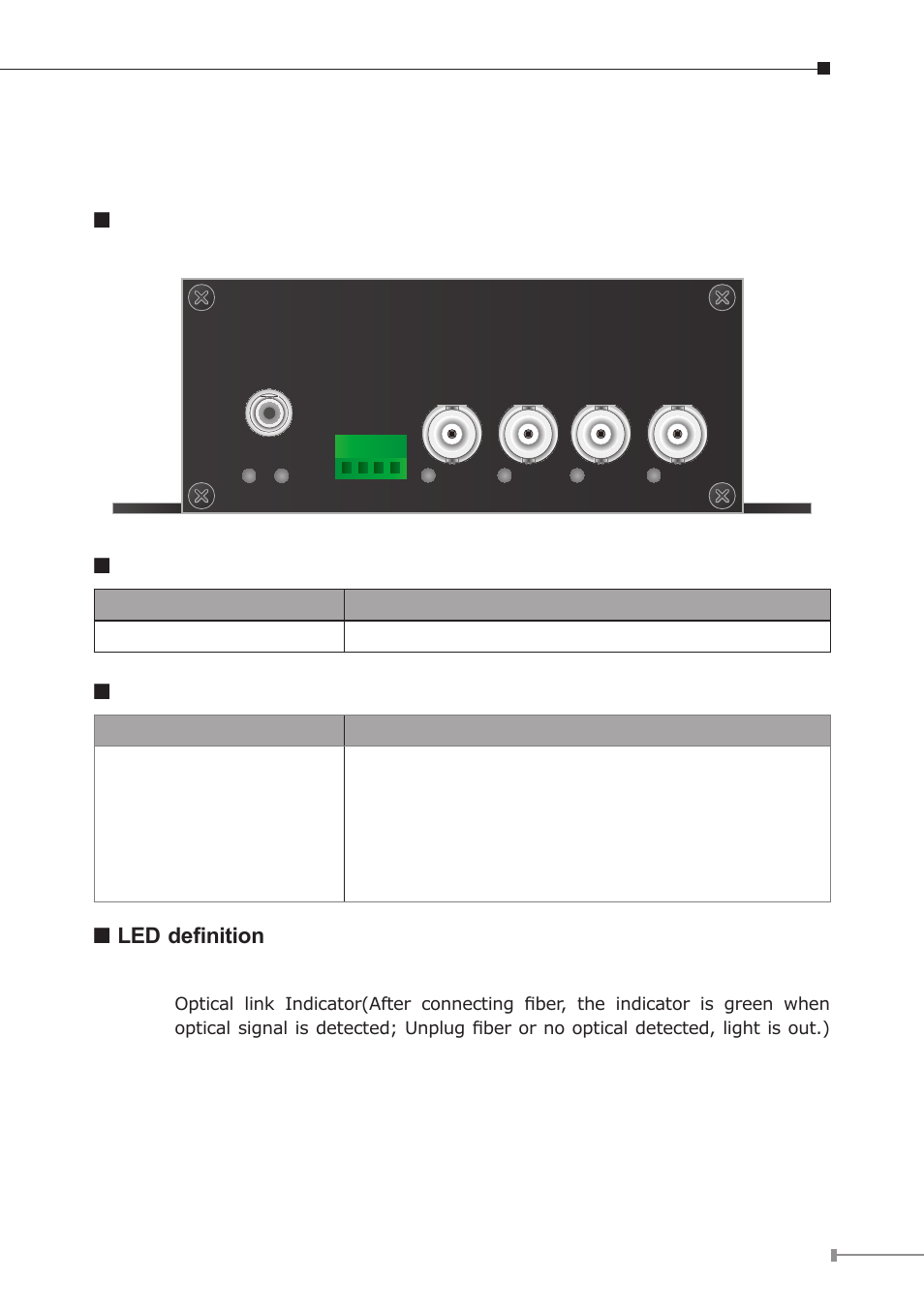 Chapter 2. hardware description, 1 panel overview, Front panel | Video interface, Fiber interface, Led definition | PLANET VF-402-KIT User Manual | Page 13 / 20