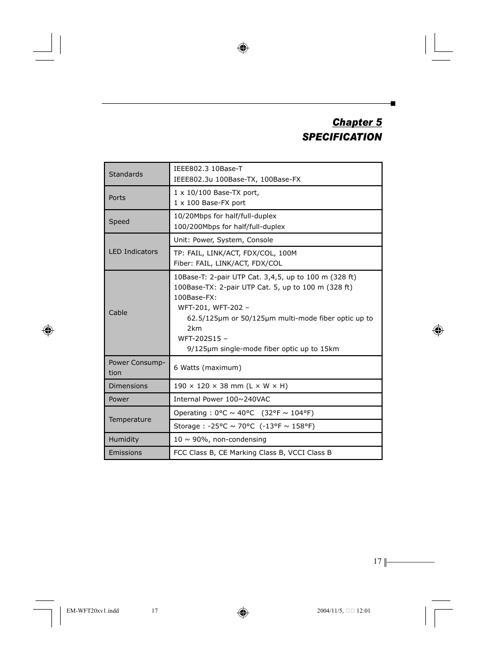 Chapter 5 specification | PLANET WFT-201 User Manual | Page 19 / 22