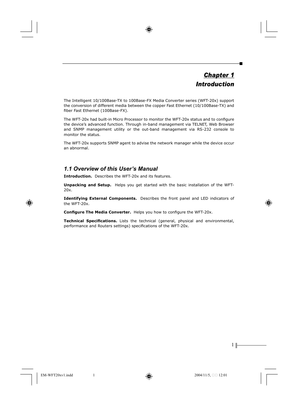 Chapter 1 introduction, 1 overview of this user’s manual | PLANET WFT-201 User Manual | Page 3 / 22