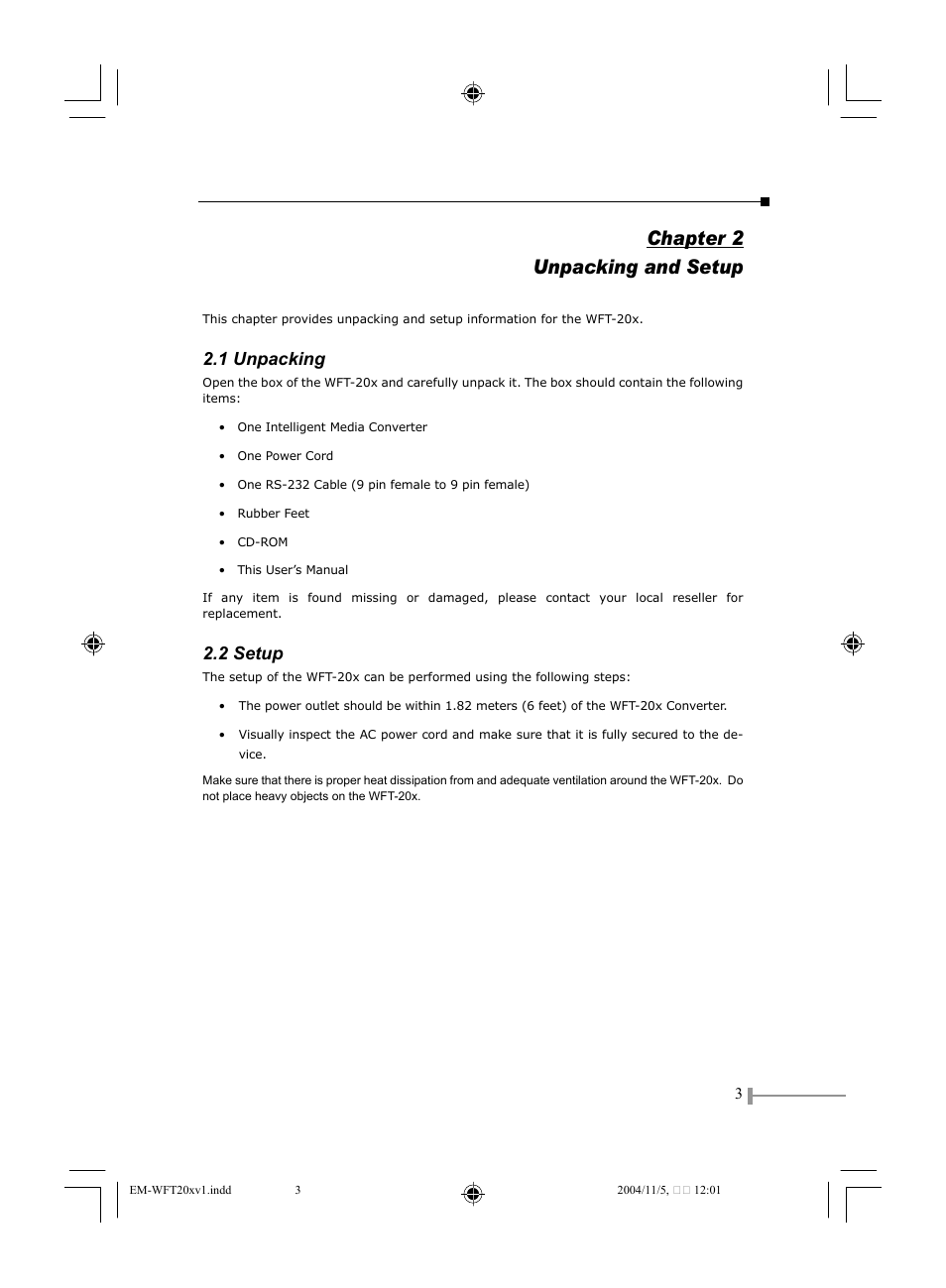 Chapter 2 unpacking and setup, 1 unpacking, 2 setup | PLANET WFT-201 User Manual | Page 5 / 22